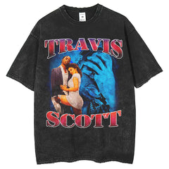 Mens T Shirts Travis Scott T-Shirt Loose Wash Old Short Sleeves