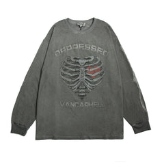 Men Long Sleeve T Shirt Skeleton Pattern Distressed Loose