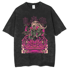 Men T Shirts Hokage Print T-Shirt Retro Old Washed Black