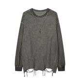 Men Long Sleeve T Shirt Distressed Dirty Punk Swing Cut Ripped Necklace Decoration