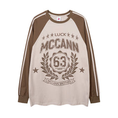 Men Long Sleeve T Shirt Retro Patchwork Trendy Loose Letter Printing