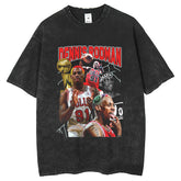 Men T Shirts Washed Water Retro Old T-Shirt Rodman White Ink Printing