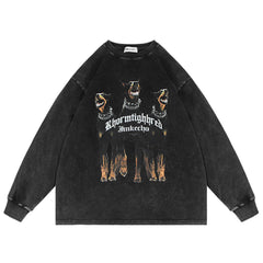 Men Long Sleeve T Shirt Doberman Pinscher Printed Washed Old Loose
