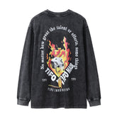 Men Long Sleeve T Shirt Flame Dice Printing Loose Casual Distressed