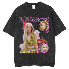 Mens T Shirts Park Chaeying Rose Printed Washing Water Short Sleeve T-Shirt ins Casual Crew Neck