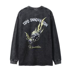 Men Long Sleeve T Shirt Dice Flame Printing Loose Distressed