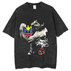 Mens T Shirts Boxer Pacquiao Print Washing Water T-Shirt Top T-Shirt