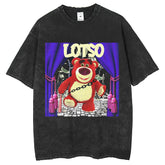 Mens T Shirts Strawberry Bear Print Wash Water Make Old T-Shirts Loose