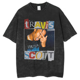 Mens T Shirts Travis Printed Washing Water Old T-Shirts Loose
