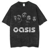 Men T Shirts Washed Vintage Band Print Loose Crew Neck