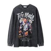 Men Long Sleeve T Shirt Rapper Character Print Hip Hop Rock Loose Distressed