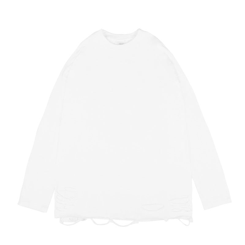 Men Long Sleeve T Shirt Ripped Solid Color Trendy Loose Bottoming Shirt