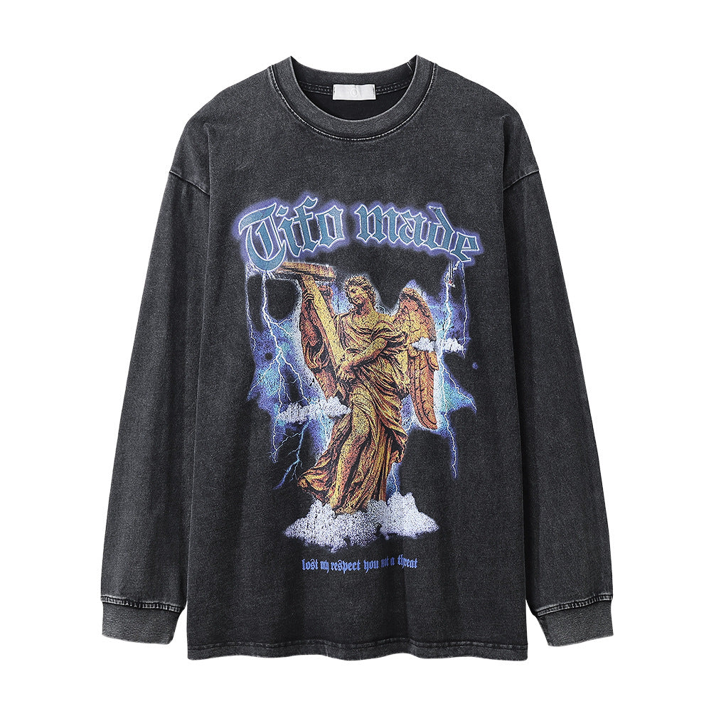 Men Long Sleeve T Shirt Angel Statue Printed Distressed