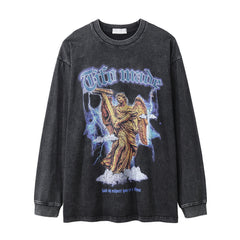 Men Long Sleeve T Shirt Angel Statue Printed Distressed