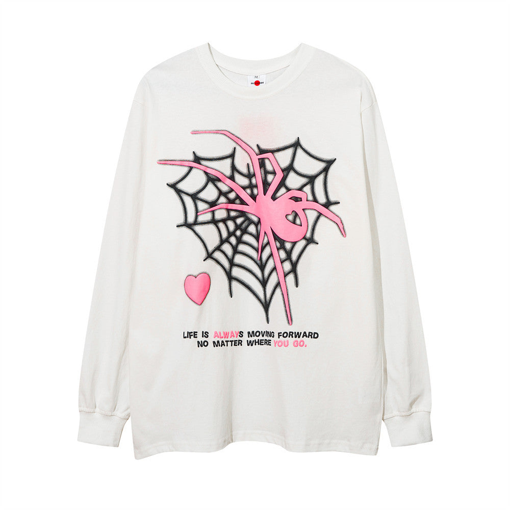 Men Long Sleeve T Shirt Heart-Shaped Spider Web Printed Loose