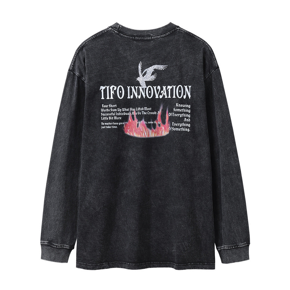 Men Long Sleeve T Shirt Peace Dove Printed Long Sleeve T-shirt Loose Distressed Wash