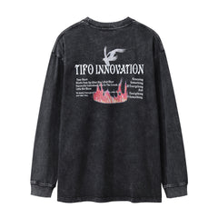 Men Long Sleeve T Shirt Peace Dove Printed Long Sleeve T-shirt Loose Distressed Wash