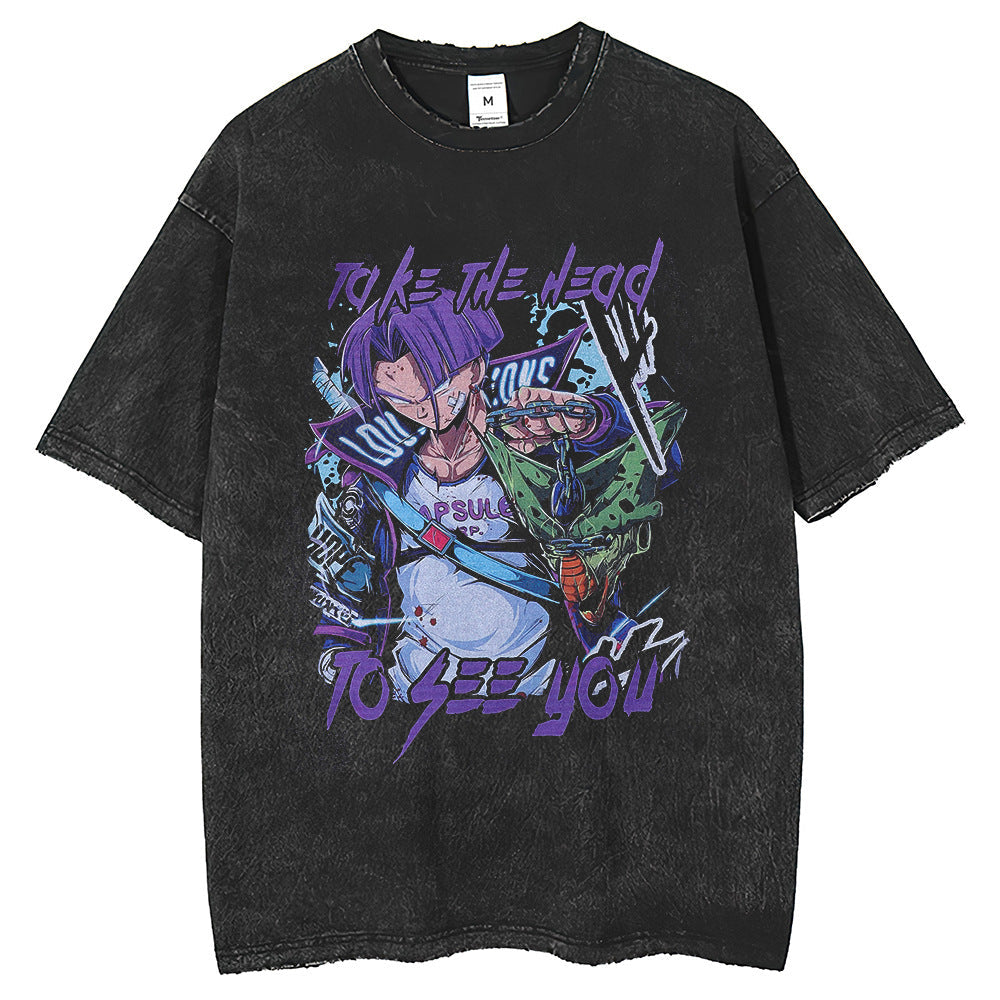 Men T Shirts Washing Water Old Anime Dragon Ball T-Shirts Loose Retro Casual Short Sleeves