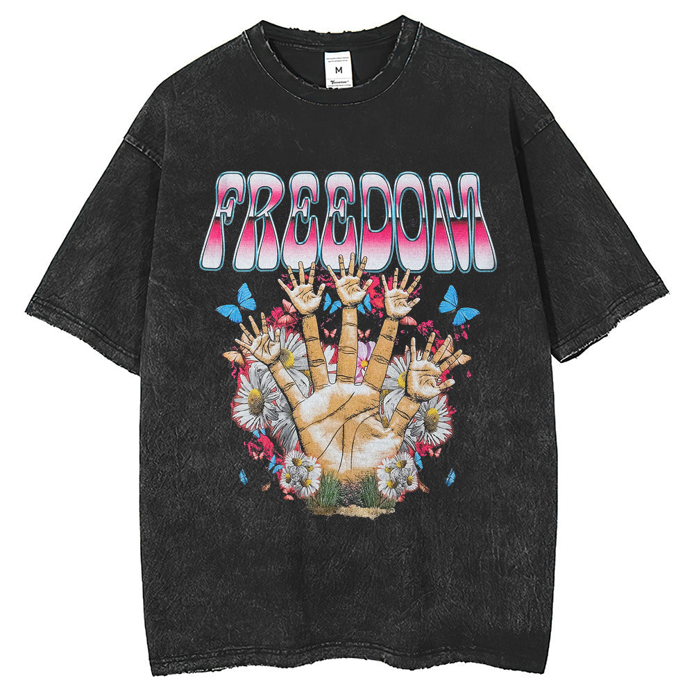 Mens T-Shirts Washed Printed T-Shirts Crew Neck Loose