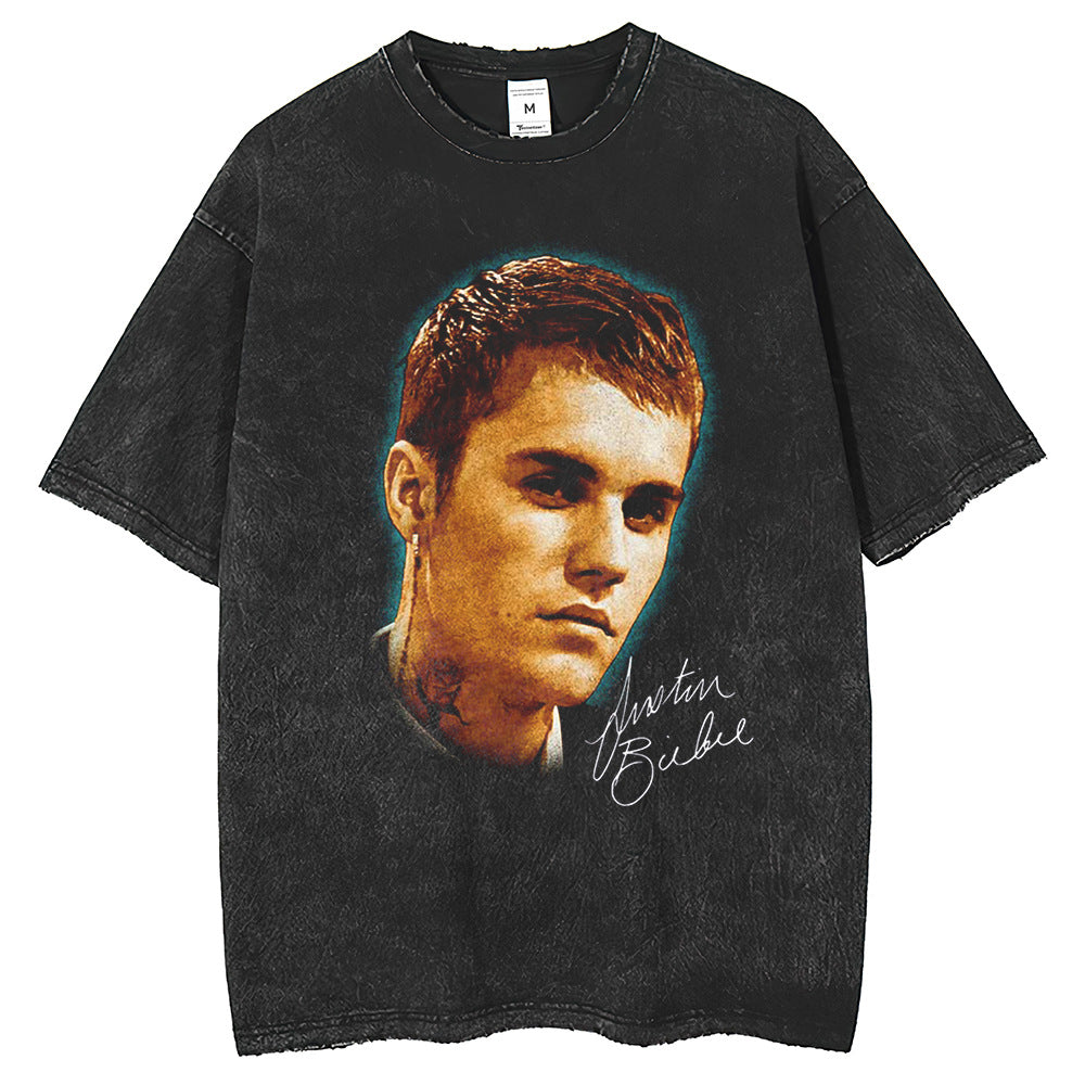 Mens T Shirts Justin Bieber Washed Edge T-Shirt Printing Loose