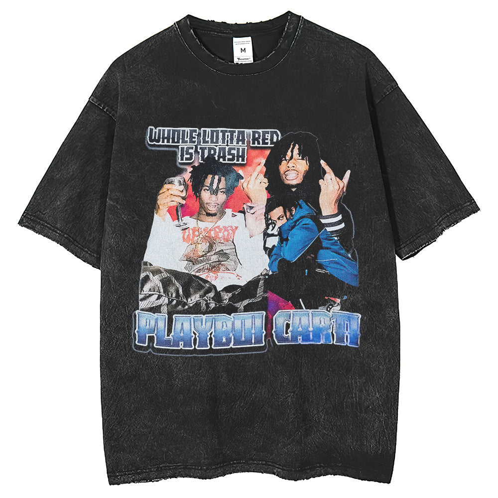 Mens T Shirts Printed Washing Water T-Shirt Casual Crew Neck Short Sleeve